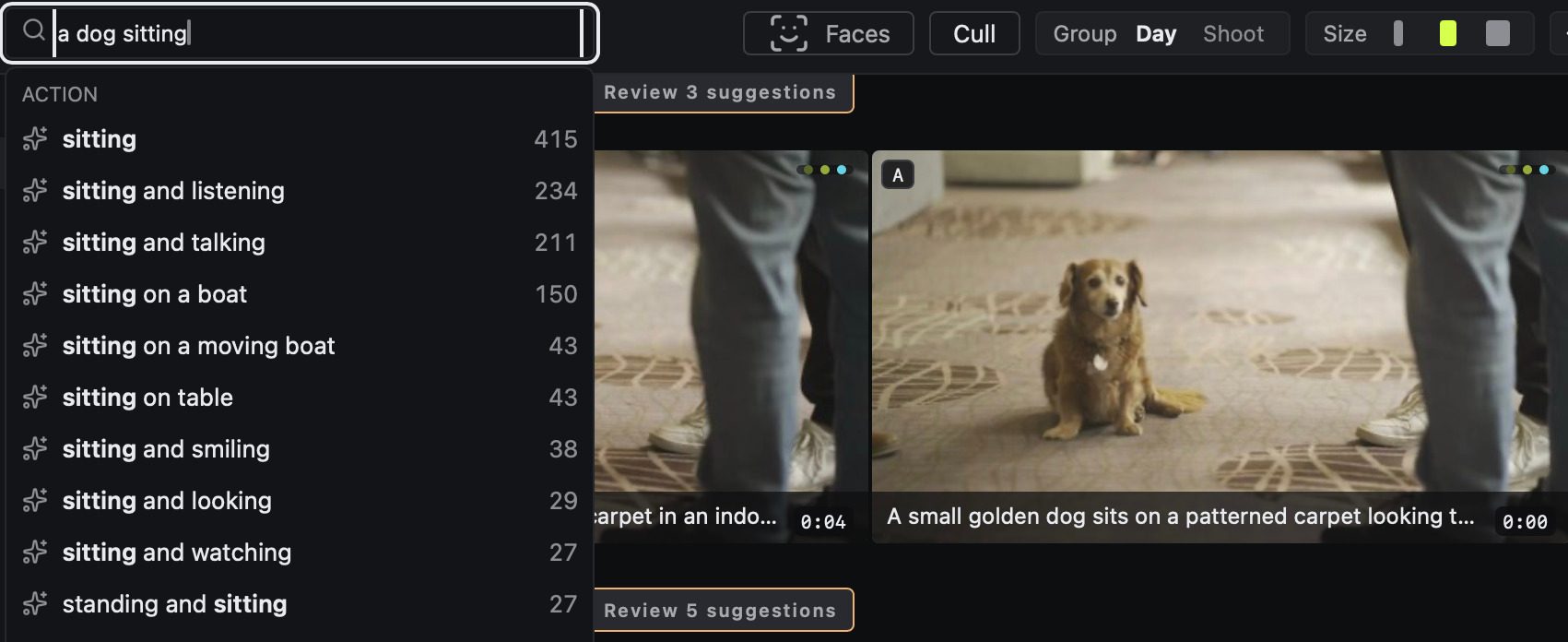 Search suggestions and ranked shots for a dog sitting