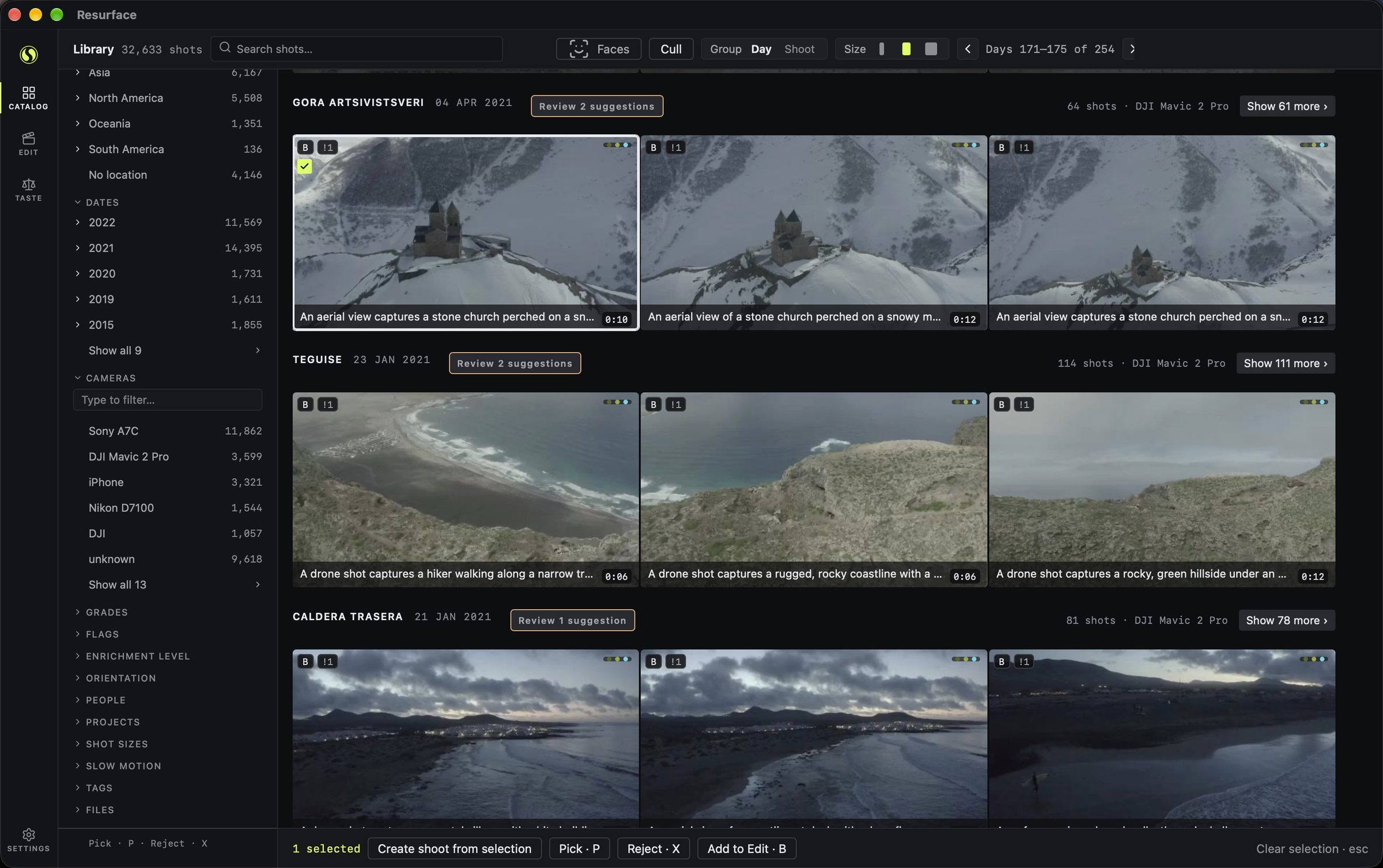 Resurface library showing shots grouped by place and day