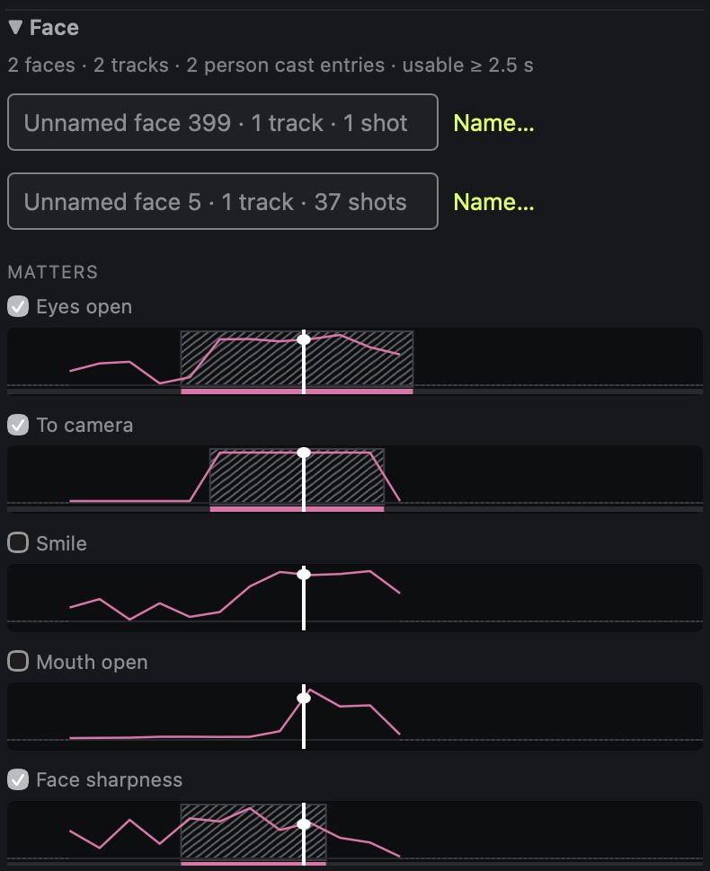 Face measurements with eyes open and face sharpness ticked